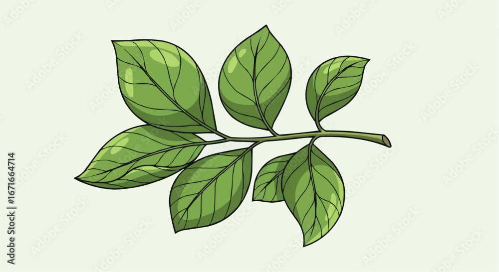 Fototapeta premium Close-up illustration of a green leafy branch with detailed veins and textures.