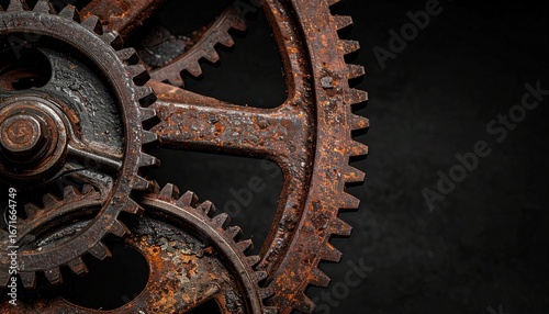 Close-up of heavily rusted metal gears from an antique mechanism against a dark, textured background
