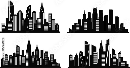 Flat vector illustration of black city skylines, modern urban silhouettes, architecture skyline icons, tall buildings, downtown skyline set, design bundle