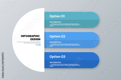 Semicircle infographic template with blue bar showing 3 options.