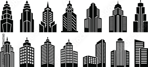 Flat vector illustration of modern high-rise buildings, architectural icons, skyscraper design elements, real estate tower collection, urban construction silhouettes set