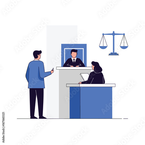 Courtroom trial proceeding with judge witness and legal counsel representing a case