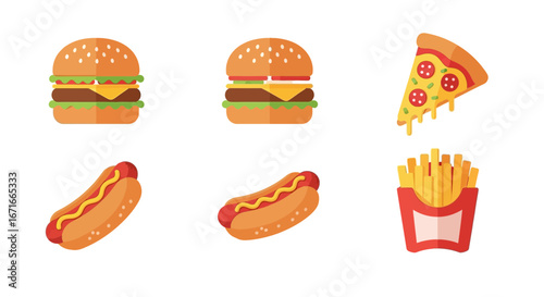 Assorted fast food items displayed on white surface representing unhealthy eating habits and dietary choices, creating tempting visual appeal.