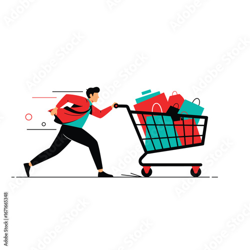 Man pushing shopping cart full of bags and presents with speed lines