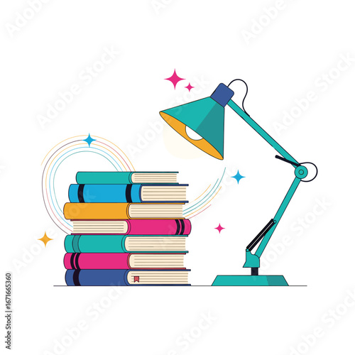 Illuminating knowledge a stack of colorful books under a modern desk lamp