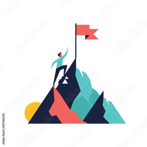 Achieving the summit a climber reaches the peak of a mountain to plant a flag