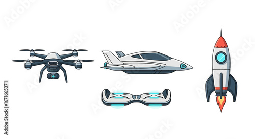 Various futuristic vehicles hovering and flying on white surface representing modern transportation and technological advancement with a clean aesthetic.