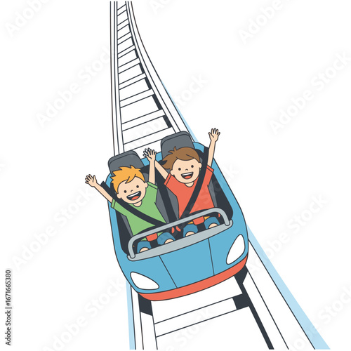 Exciting roller coaster ride with two happy children enjoying the thrill