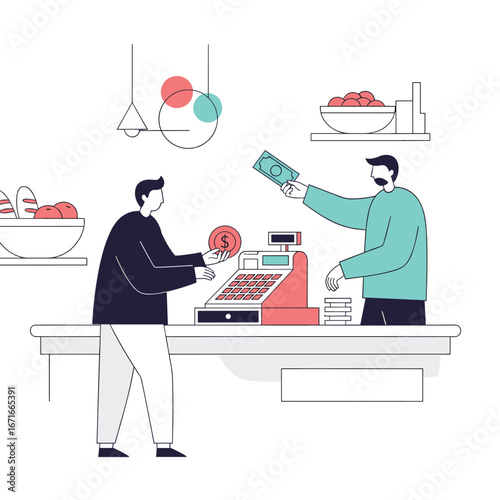 Customer completes transaction with store cashier and pays for merchandise