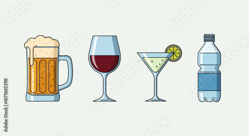 Assortment of refreshing beverages including beer, wine, martini, and water arranged neatly on a light surface, conveying a sense of choice and refreshment.