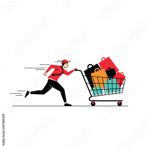 Quick delivery person pushing a shopping cart full of purchases with speed lines