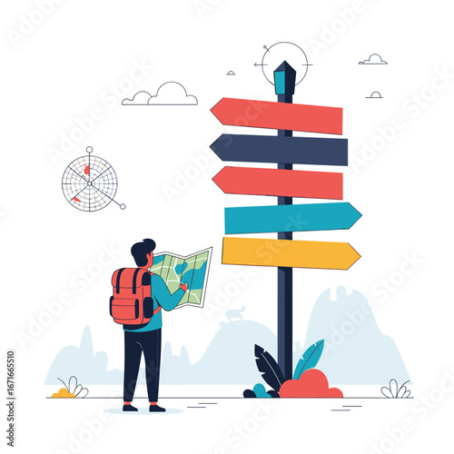Man with backpack examining map standing near directional signpost with multiple choices