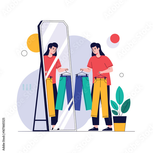 A person stands before a tall mirror holding two pairs of colorful pants for a fashion choice