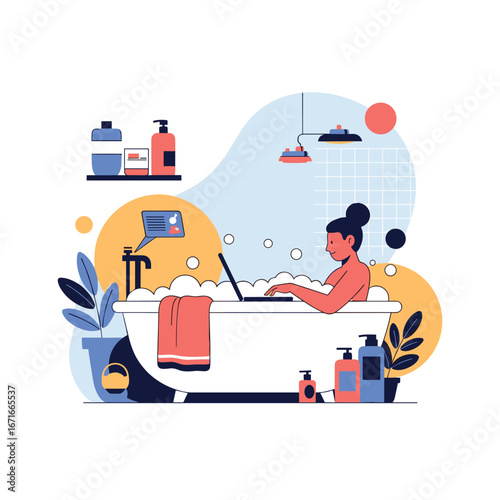 Woman relaxing in bathtub working on laptop amidst bubbles and skincare products