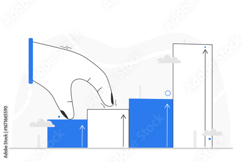 A hand is walking up a block bar chart, representing business growth and progress. Concepts of strategy, planning, and the effort required to achieve incremental success and reach new heights.