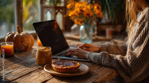 Cozy atmosphere for thanksgiving celebration with remote workers enjoying pumpkin pie and warm drinks while working on laptop