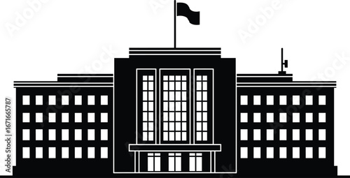 Government building icon, public administration architecture, city hall silhouette, institutional facility, official structure, black facade design, urban landmark vector illustration