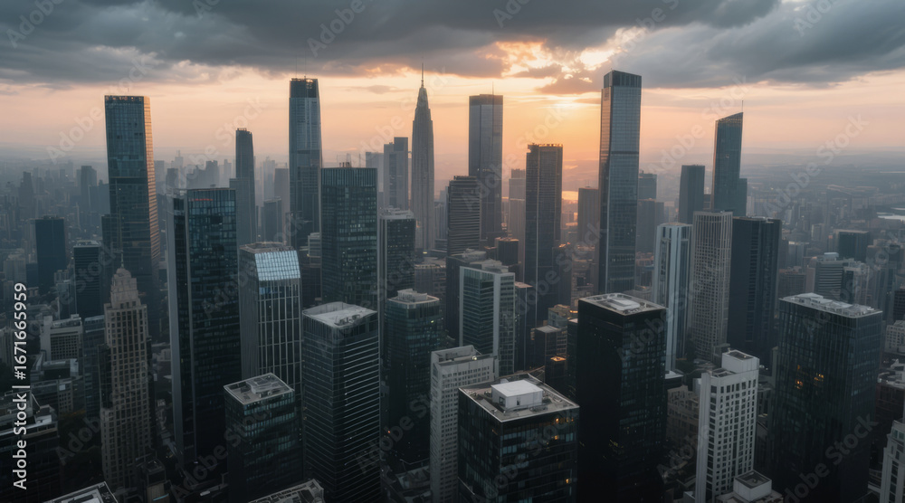 Fototapeta premium Dense City High-Rise Skyline Sunset Dusk Modern Urban Background
