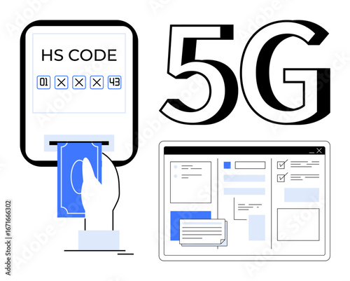 HS code system, hand entering card at a device, 5G text, digital dashboard. Ideal for global trade, 5G communication, e-commerce, customs technology logistics modern economy. Simple flat metaphor