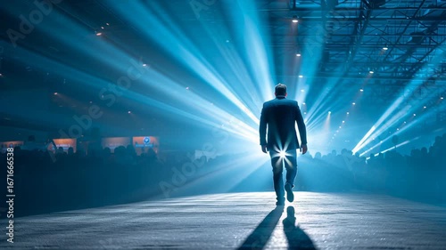 Startup founder walks confidently stage fundraising event with bright lights, inspiring atmosphere, and engaged business audience