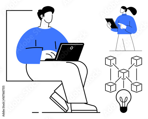 Person using laptop, woman with tablet, interconnected blocks, light bulb symbolizing technology, creative thinking, and teamwork. Ideal for collaboration, innovation, remote work blockchain