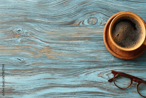 Morning Coffee and Glasses on Light Blue Wood Table