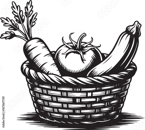 black and white vegetables in basket clip art preview