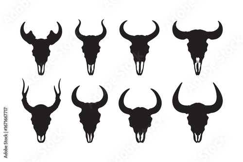 Buffalo skull with horn silhouette element design set. Western bull skull tribal horns icons pack. Wild animal skull head with antlers symbol sign collection rustic design. Vector Illustration