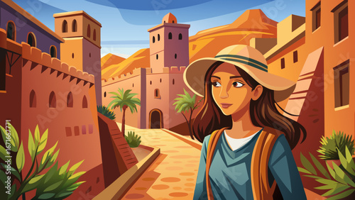  close up portrait   Woman tourist with backpack and hat walking in narrow alley exploring ancient Ait Benhaddou Kasbah in Morocco during sunny summer day