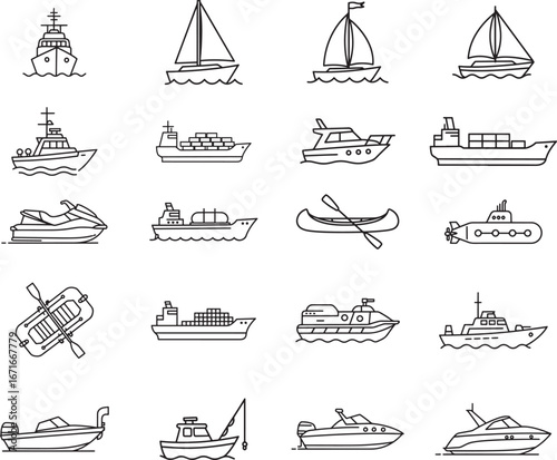 Water Transport Ships and Boats Vector Line Icon Set