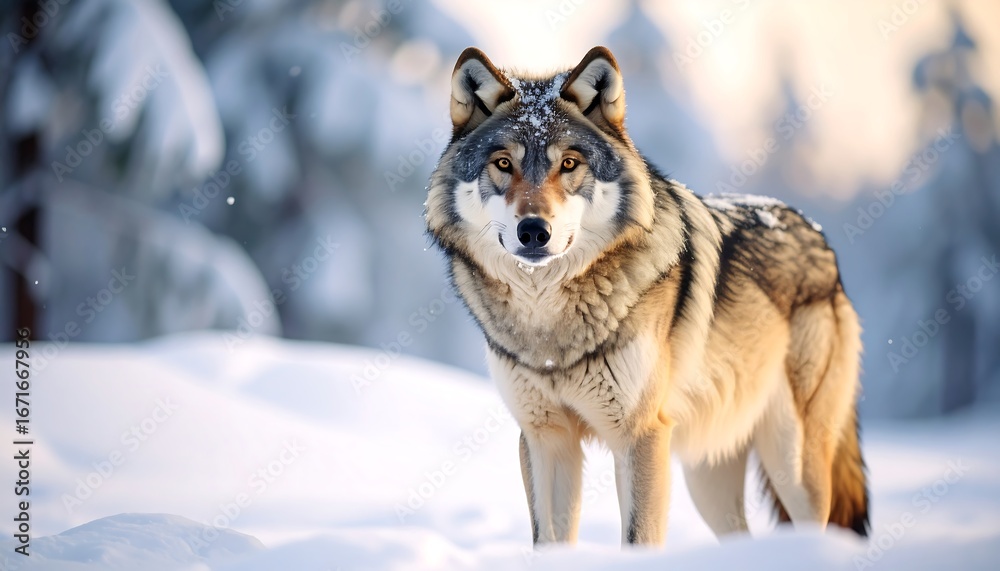 Fototapeta premium A majestic gray wolf stands alert in a snowy forest, its gaze fixed on the viewer, bathed in soft sunlight.