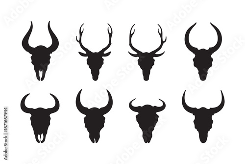 Deer and bison skull with horn silhouette element design set. Western animal skull and antlers icons pack. Wild bull skull head with horns symbol sign collection rustic design. Vector Illustration