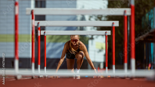Foto Female hurdler in starting position focused on race