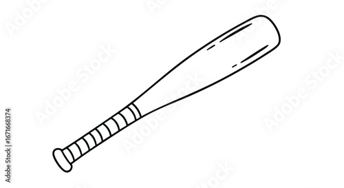 Hand-drawn baseball bat sketch in a simple black and white style. Isolated vector illustration of wooden sports equipment for a game or league competition
