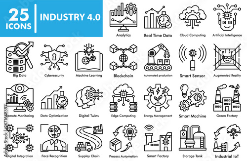 Industry 4.0 line icon set featuring artificial intelligence, machine learning, big data, cloud computing, blockchain, IoT, automation, and smart factory symbols.