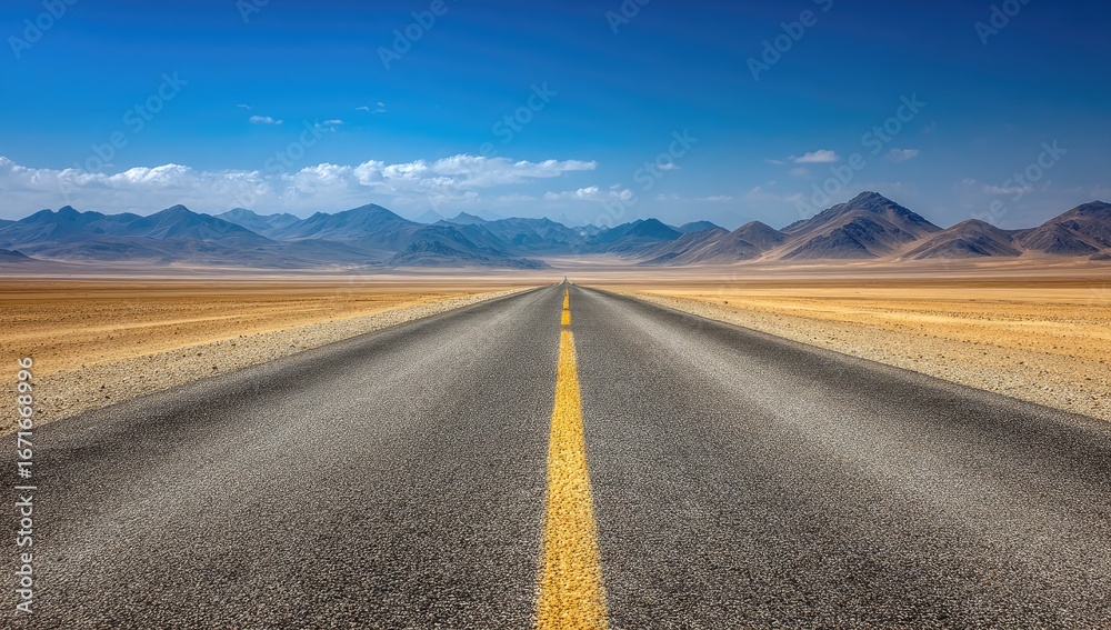 Naklejka premium Highway stretches to distant mountains under clear sky