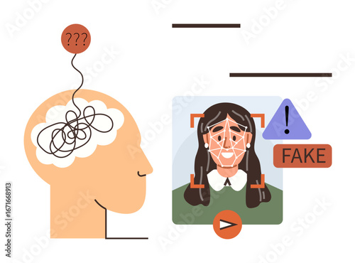 Brain with tangled thoughts next to a digitally manipulated face scanned and marked as fake. Ideal for AI ethics, misinformation, digital security, identity fraud, social media trust, technology