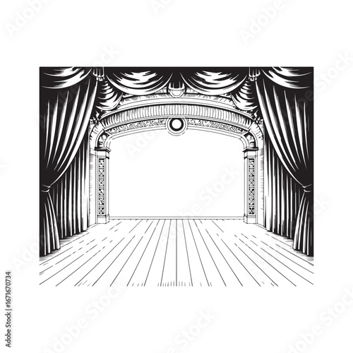 engraving vintage Line art theater stage seats arrangement curtain art vector 