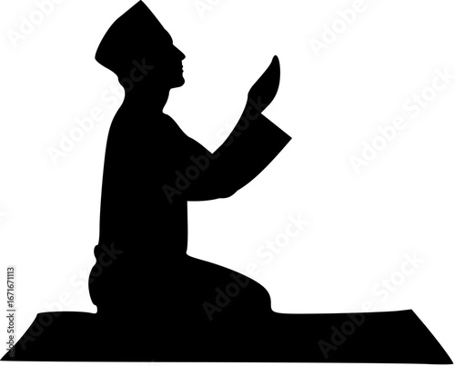 Serene Muslim Man Praying Silhouette:  Spiritual, Peaceful, Black and White Vector Illustration.