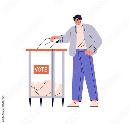 Man votes, puts ballot with candidates for president in box. Voter casts paper with political poll, social choice in transparent container. Election day. Flat isolated vector illustration on white
