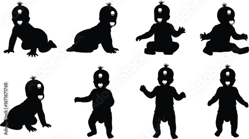 Silhouette of crawling, sitting, and standing baby stages, infant development milestones, toddler growth, baby posture evolution, cute baby actions isolated on white background vector