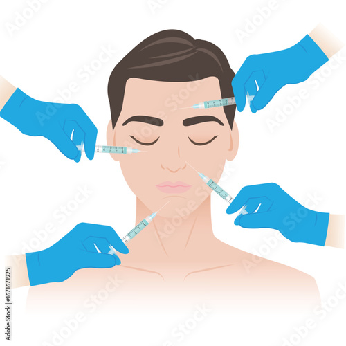 Dermal fillers treatment injection on man face vector illustration. Filler inject under the skin to restore lost volume, smoothen wrinkles, enhance facial contours. Medical and beauty concept.