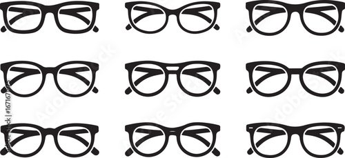 Glasses Icons Different Angle View Black Vector Illustration Set Isolated On White Background