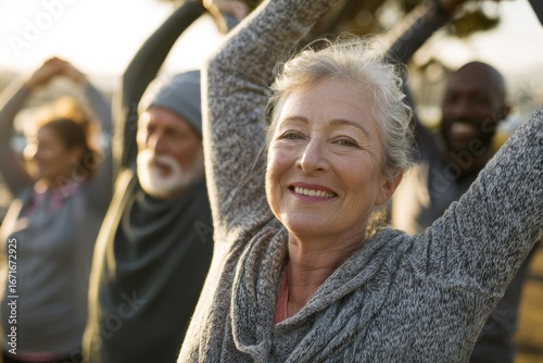 Active seniors stretching outdoors: embracing health and inclusivity