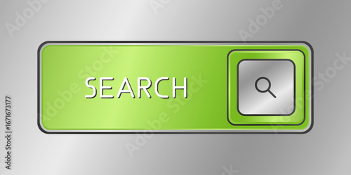 Green CTA button with text: Search and magnifier icon.