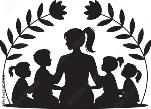 Kindergarten teacher with children silhouette vector art black color design and solid white background