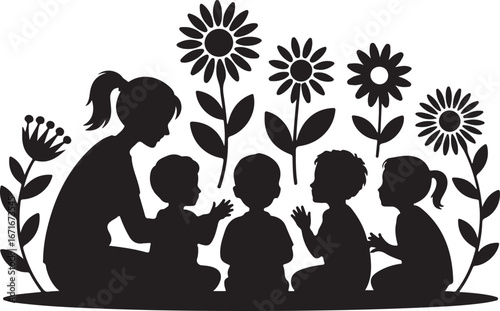 Kindergarten teacher with children silhouette vector art black color design and solid white background