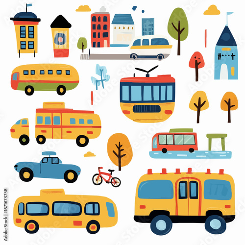 Clipart series with playful city transport and colorful houses, flat bold naive childlike shapes, perfect for kids posters, classroom wall art, nursery decor, educational materials