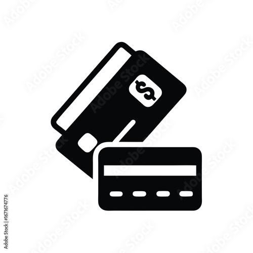 Two black credit cards showing a dollar sign and security stripe are visible