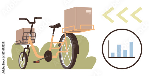 Cargo tricycle carrying boxes on grass, accompanied by a bar chart and arrows indicating progress. Ideal for logistics, delivery, eco-transportation, sustainability, supply chain, business growth